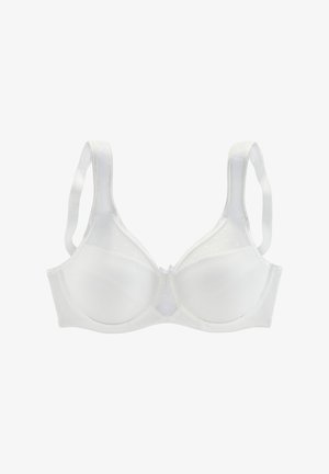 White underwire bra with padded cups, adjustable straps, and subtle textured detailing on upper cup sections.