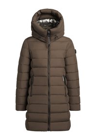 Brun pufferjakke med høj krave og stor hætte. Har en frontlynlås, to sidelommer og vandret quiltet design.