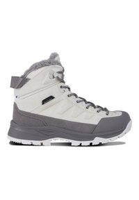 Jasnoszare i ciemnoszare wodoodporne buty hikingowe z futrzanym wykończeniem, sznurowane z przodu, z wytrzymałą podeszwą do użytku na zewnątrz.