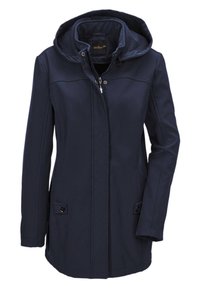 Marineblaue Damenjacke mit Kapuze, ausgestattet mit einem Reißverschluss vorne, zwei seitlichen Taschen mit Knöpfen und gesteppten Details auf der Vorderseite.