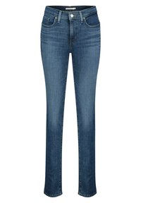 Blå denimjeans med rak bendesign, utrustade med fem fickor, subtil slitage och en klassisk knap- och dragkedjestängning.