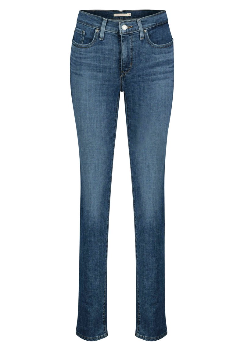 Blå denimjeans med rak bendesign, utrustade med fem fickor, subtil slitage och en klassisk knap- och dragkedjestängning.