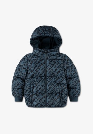 Veste matelassée bleu marine avec capuche, imprimé logo Levi's noir intégral, fermeture éclair à l'avant et deux grandes poches à rabat.