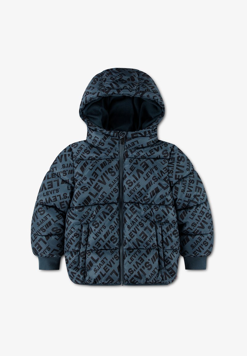 Veste matelassée bleu marine avec capuche, imprimé logo Levi's noir intégral, fermeture éclair à l'avant et deux grandes poches à rabat.