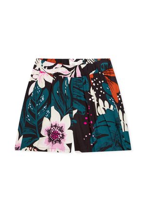 Czarne szorty z jasnym, dużym kwiatowym wzorem w kolorach morskim, białym, różowym i pomarańczowym, z elastycznym paskiem w talii i plisowanym designem.