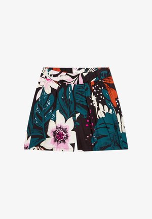 Czarne szorty z jasnym, dużym kwiatowym wzorem w kolorach morskim, białym, różowym i pomarańczowym, z elastycznym paskiem w talii i plisowanym designem.
