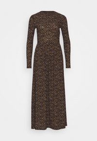 Robe longue à manches longues en tissu noir avec un petit motif floral dans des tons de moutarde et d'orange. Texture douce et silhouette ajustée.