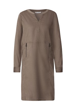 Brown, long-sleeve dress with a V-neck, front seam detail, and two zipped side pockets. Made of smooth fabric with a relaxed fit.