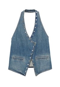 Jeans brezrokavnik z V-izreza, svetlo modre barve, okrašen s srebrnimi gumbi po sprednji strani, z dvema sprednjima žepoma.