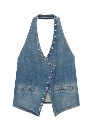 Veste en denim avec un design en V, couleur bleu clair, ornée de boutons argentés sur le devant, dotée de deux poches avant.