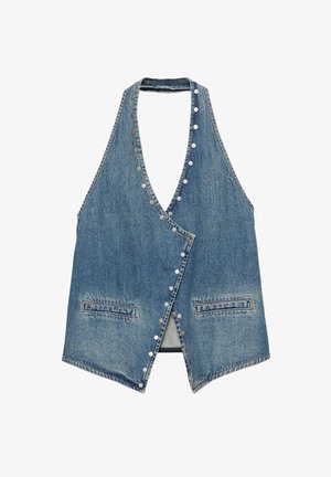 Denim vest with a V-neck design, light blue color, adorned with silver buttons along the front, featuring two front pockets.