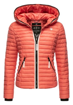 Coral puffer jacket with a hood, horizontal quilted design, black zipper and pockets, contrasting white detailing, and ribbed cuffs.