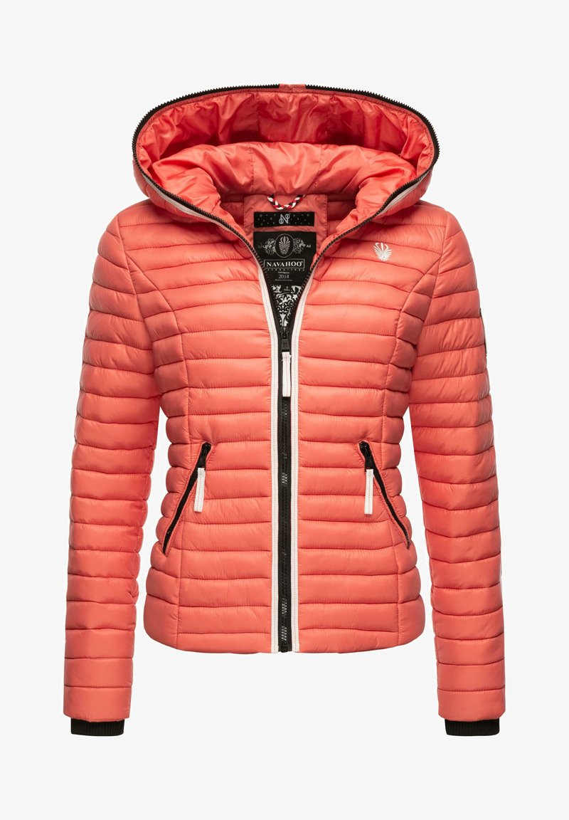 Coral puffer jacket with a hood, horizontal quilted design, black zipper and pockets, contrasting white detailing, and ribbed cuffs.
