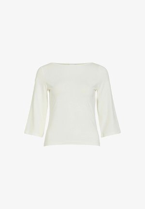 Dolga majica krem barve z izrezom v obliki čolna in razširjenimi rokavi, izdelana iz gladkega, lahkega materiala. Enostavna zasnova, brez vzorcev.