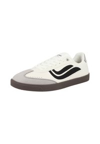 Sneaker bianco con accenti neri e grigi, caratterizzato da una tomaia in pelle liscia, punta rotonda e suola in gomma texturizzata. Design classico con lacci.