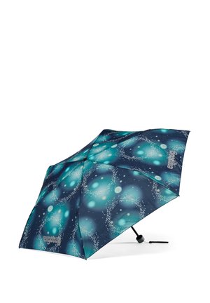 Compact umbrella with a dark blue and teal patterned canopy featuring circles and specks, and a black handle for easy grip.