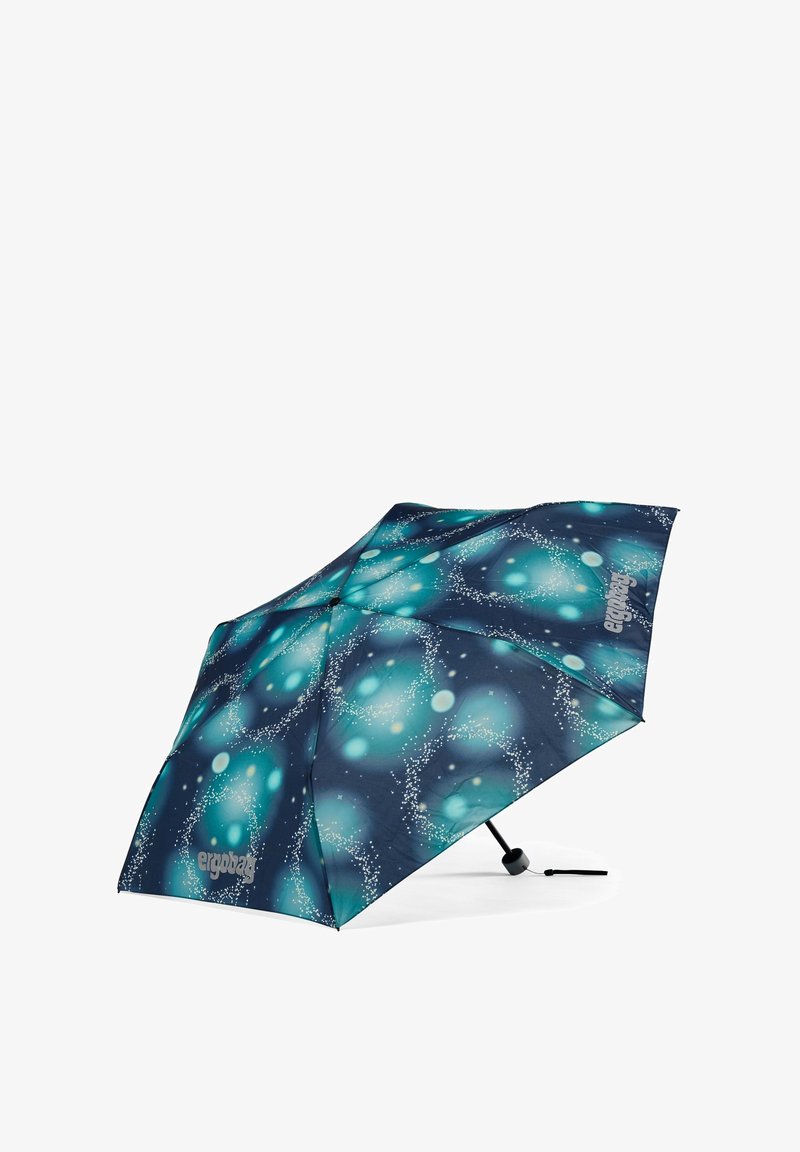 Compact umbrella with a dark blue and teal patterned canopy featuring circles and specks, and a black handle for easy grip.