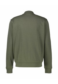 Olive green sweatshirt with a soft texture, featuring a ribbed collar, cuffs, and hem, designed with a simple, seamless back.
