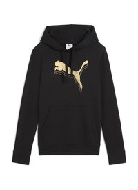 Black hoodie made of cotton, featuring a large gold Puma logo on the front, a front pocket, and a drawstring adjustable hood.