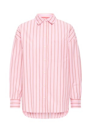 Dryžuotas šviesiai rožinės ir baltos spalvos marškiniai su vertikaliais dryžiais ir akcentiniais tamsiai rožiniais linijomis, vienu krūtiniu kišeniu ir suapvalintu apačiu.