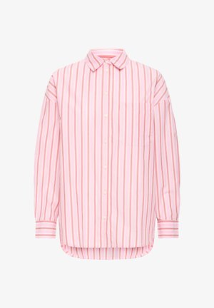 Camicia a righe con bottoni in rosa chiaro e bianco, caratterizzata da strisce verticali con linee accentuate in rosa scuro, taschino sul petto e fondo arrotondato.