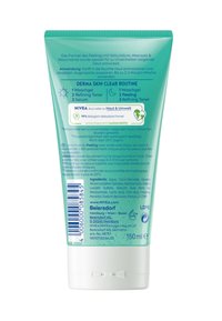 Green plastic tube with a flip-top lid, labeled "NIVEA DERMA SKIN CLEAR ROUTINE," featuring ingredients and usage instructions in multiple languages.