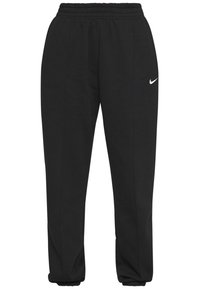 Black sweatpants made of soft cotton blend, featuring an elastic waistband, tapered cuffs, and a small white Nike logo on the left thigh.