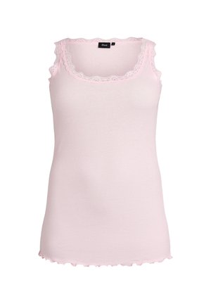 Lyserød ærmeløs ribbet tanktop med blondentrim på udskæringen og armhulerne samt bølget kant.