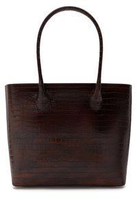 Sac fourre-tout en cuir brillant de couleur marron foncé, fabriqu�é à partir d'un matériau à motif crocodile. Il dispose de deux poignées robustes et d'un design à ouverture supérieure.