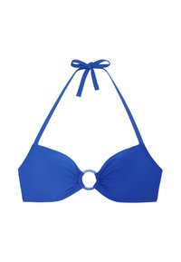 Haut de bikini bleu avec un design à col halter, fabriqué en tissu lisse. Présente un accent circulaire central et des détails froncés sur les bonnets.