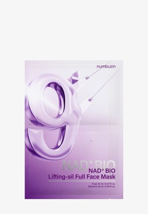 Verpakking in paarse tinten van NAD+ BIO Lifting-sil Full Face Mask met een groot gestileerd nummer 9 en twee spuitachtige objecten bevestigd.