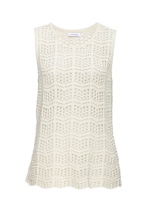 Ärmelloses weißes gehäkeltes Oberteil mit wellenförmigem Saum und rundem Ausschnitt, mit geometrischem Lochmuster und Lascana-Label im Kragen innen.