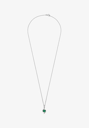 Hõbedane ketigaelne kaelakee rohelise südamekujulisese ripatsiga. Ripatsil on keerisdisain, sile pind ja poleeritud viimistlus.