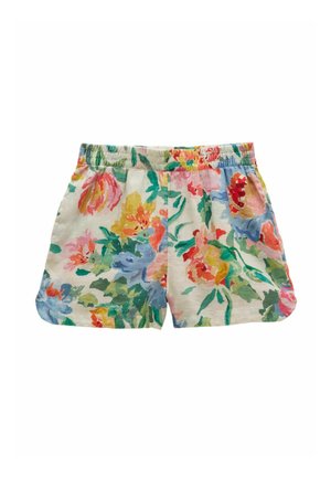 Detské šortky s elastickým pásom, s farebnou kvetinovou potlačou na svetlom pozadí, zobrazujúce ružové, žlté, zelené a modré kvety.