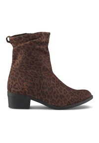 Botín marrón hasta el tobillo con un diseño arrugado, patrón de leopardo, textura suave de ante, tacón bajo y cremallera lateral.