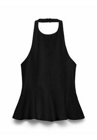 Černý halter top s rozšířeným lemem, vyrobený z hladkého materiálu. Má kulatý výstřih a zavazuje se na zádech.