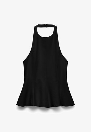 Zwarte haltertop met een flared zoom, vervaardigd uit een gladde stof. Heeft een ronde halslijn en strikjes aan de achterkant voor sluiting.