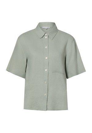 Chemise vert sauge clair à manches courtes, boutonnée, avec col pointu et une poche poitrine unique, confectionnée dans un tissu léger texturé.