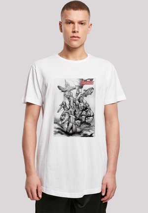 White cotton t-shirt featuring a black-and-white graphic of six superheroes with a red "Avengers" logo at the top. Casual fit and short sleeves.
