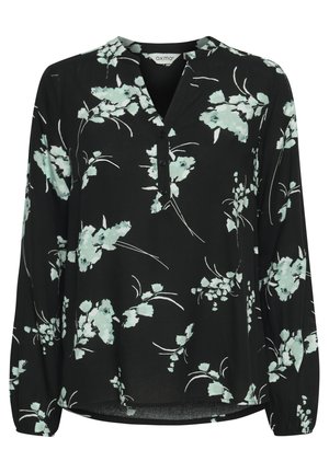 Black blouse with long sleeves, featuring a floral pattern in light green and white. It has a V-neck and button details along the front.