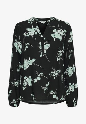 Black blouse with long sleeves, featuring a floral pattern in light green and white. It has a V-neck and button details along the front.