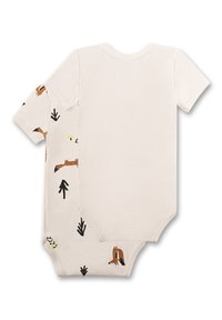 Korte mouwen baby romper in een crèmekleurige stof met afdrukken van bosdieren en bomen in bruin, zwart en geel; drukknoopsluiting aan de onderkant.