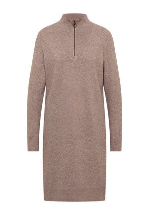 Strick-Tunika-Kleid in einem hellbraunen Farbton, mit hohem Kragen, halbem Reißverschluss, langen Ärmeln sowie gerippten Bündchen und Saum.