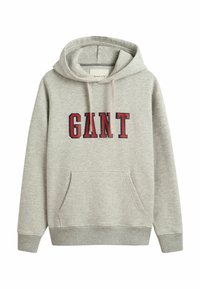 Felpa grigia in cotone con tasca a marsupio frontale, cappuccio con cordino e audace logo "GANT" in rosso e blu in lettere maiuscole sul petto.