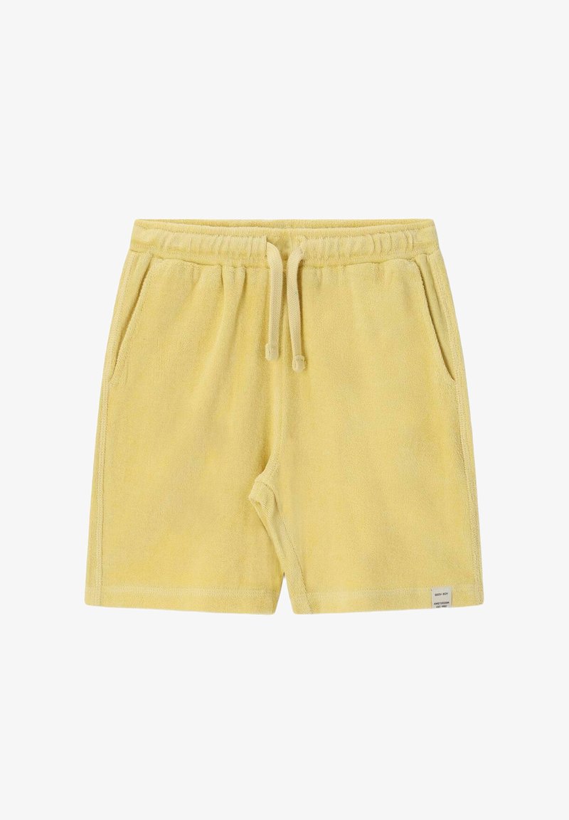 Lichtgele terry shorts met een elastische tailleband, trekkoord, zijzakken en een klein wit label vlak bij de zoom.
