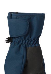 Modré a černé zimní rukavice s texturovanou černou dlaní, elastickým zápěstím a nastavitelným uzávěrem pro těsné přilnutí. Vyrobeno z odolných materiálů.