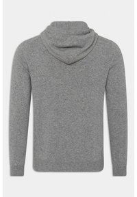 Grå strikket hættetrøje med en blød tekstur, med en stor hætte og lange ærmer. Simpelt design uden mønstre eller metaldele.