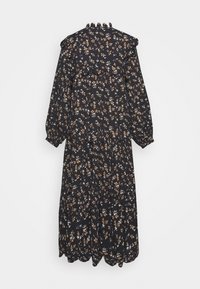 Robe midi noire à manches longues avec petit imprimé floral blanc et marron, col montant à volants et manches froncées.