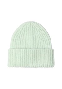 Berretto lavorato a maglia verde chiaro con texture a coste, dotato di risvolto per una vestibilità regolabile e un aspetto morbido e accogliente.