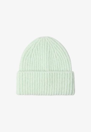 Lichtgroene gebreide beanie met ribbelstructuur, voorzien van een omgeslagen boord voor een aanpasbare pasvorm en een zachte, gezellige uitstraling.